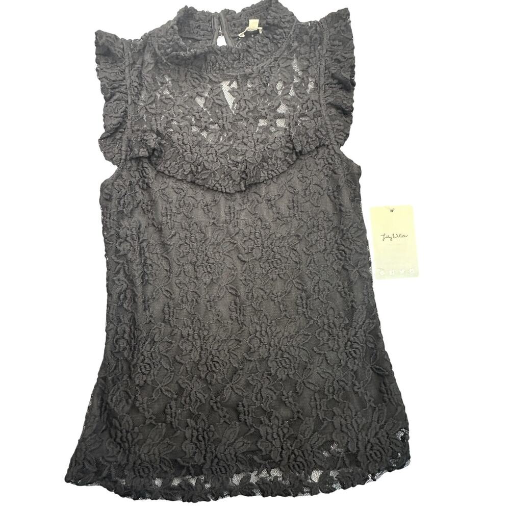 Lily White Floral Lace Sleeveless Mock Neck Blouse Ruffle Trim